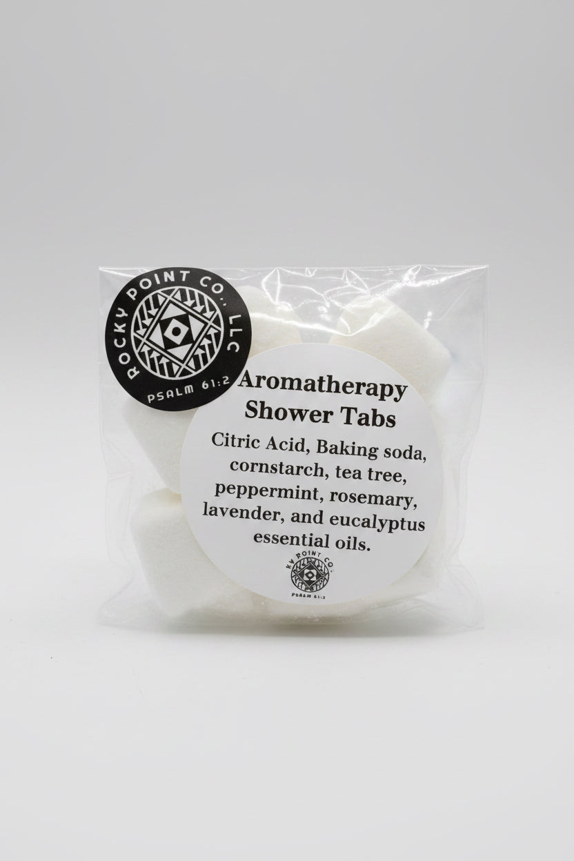Aromatherapy shower tabs in packaging on a speckled countertop